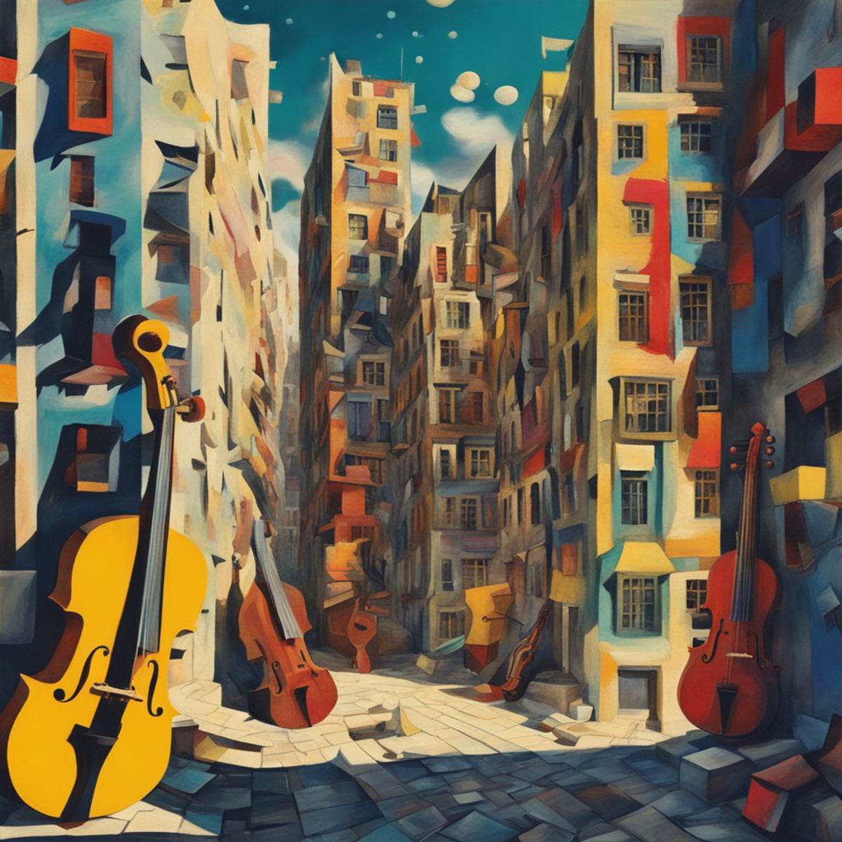 Colorful cityscape artwork with instruments on cobblestone street and tall facades