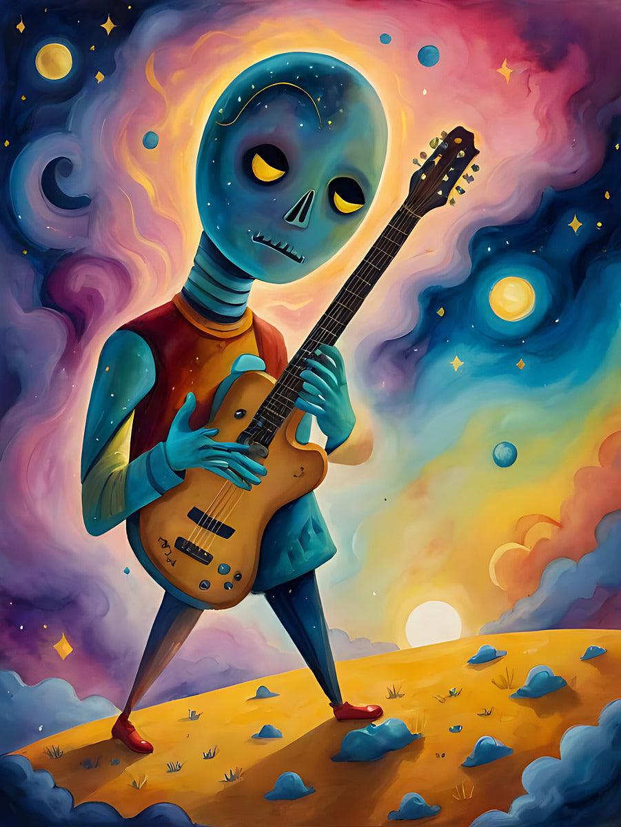 Alien playing guitar art print: blue character holding a brown electric guitar amid colorful space