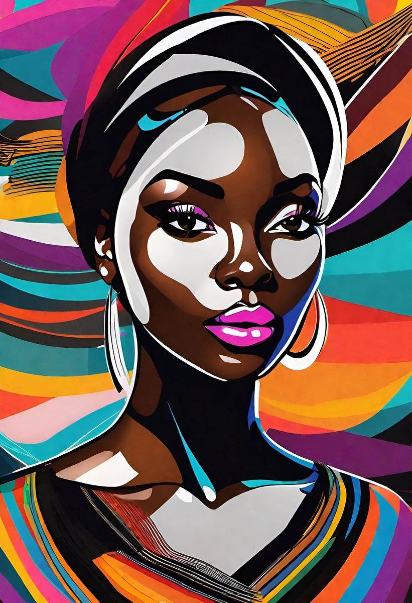 Colorful abstract portrait with teal, orange, and pink waves behind, purple lips
