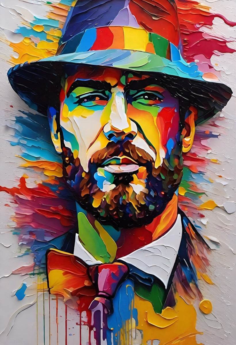 Colorful abstract gentleman portrait with multicolor hat, beard, and dripped paint details
