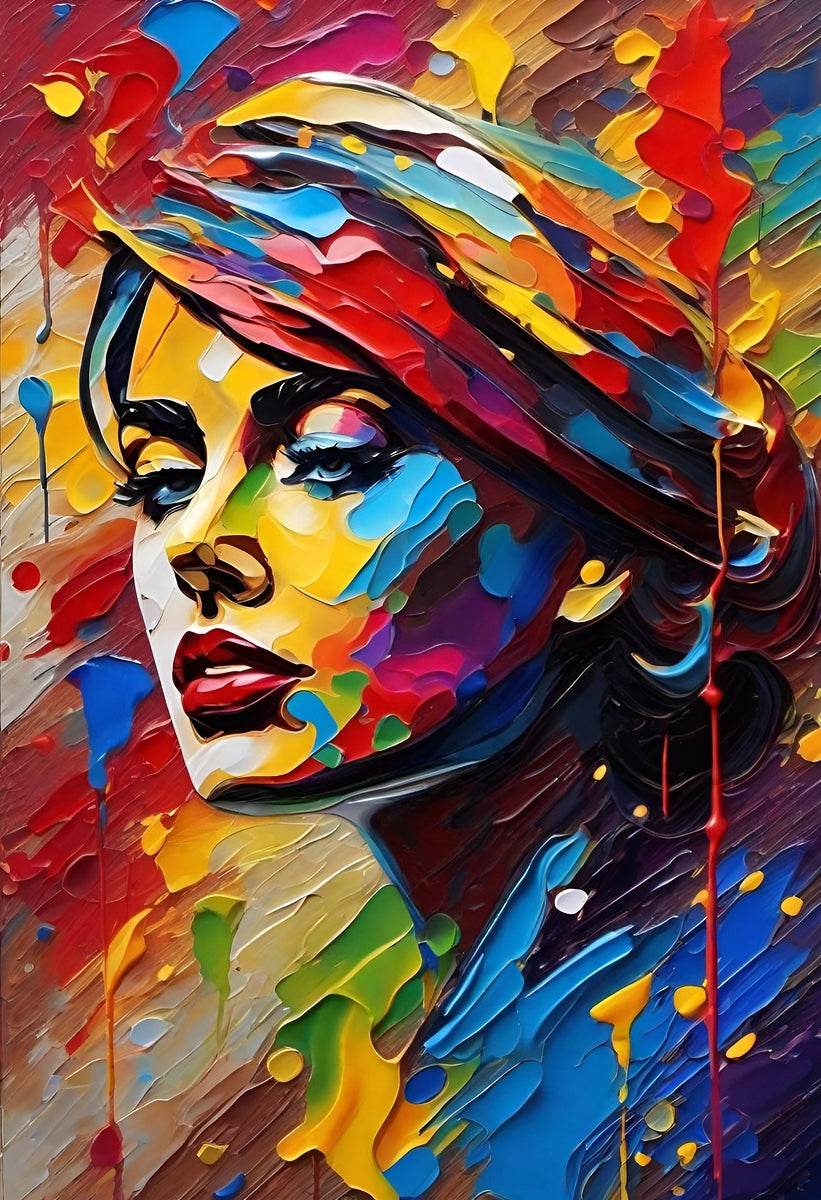 Close-up colorful abstract portrait with multicolor paint streaks and splatters