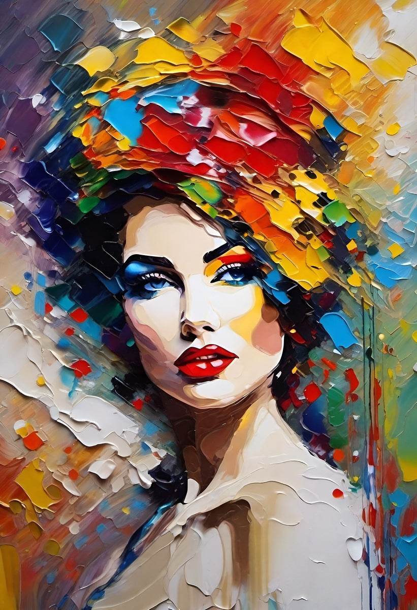 Abstract portrait artwork close-up with colorful collage strokes around the face