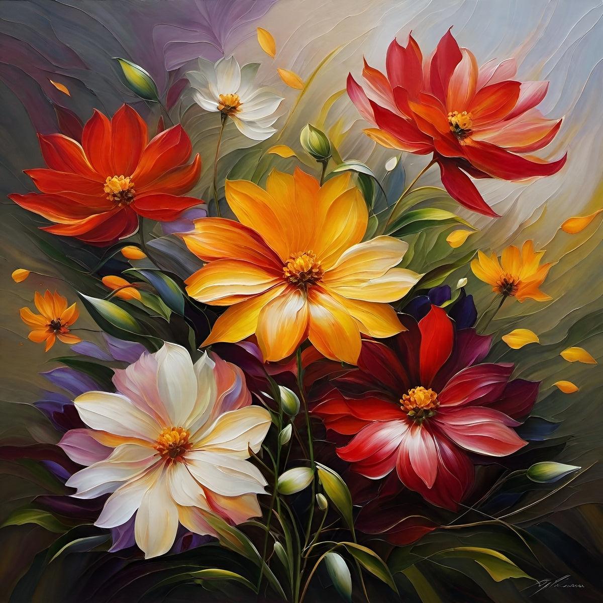 Botanical wall art print featuring bright orange, red, white, and yellow blossoms