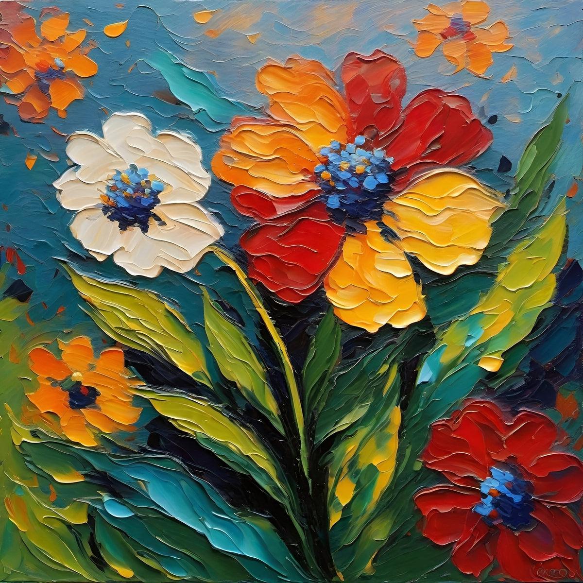 Colorful impasto floral painting with white, yellow, red flowers and blue accents