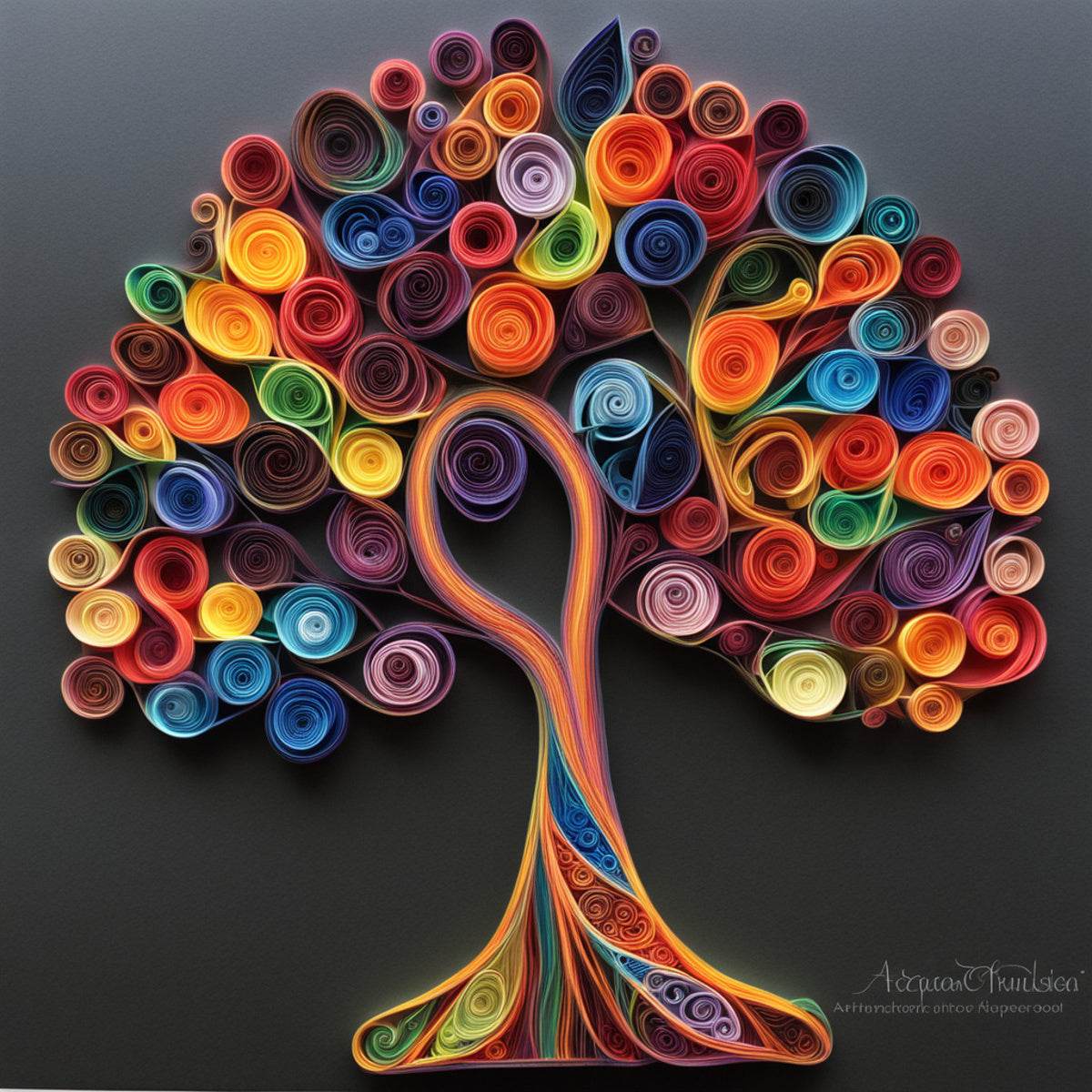 Rainbow quilled paper tree wall art, curled paper rings forming trunk and canopy