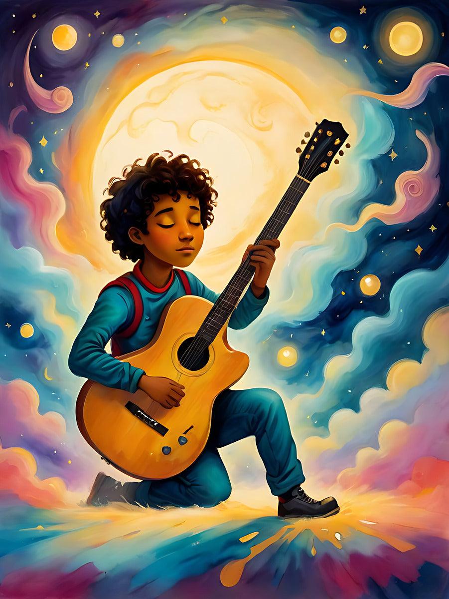 Celestial guitar illustration featuring a boy holding a yellow acoustic guitar and moon glow
