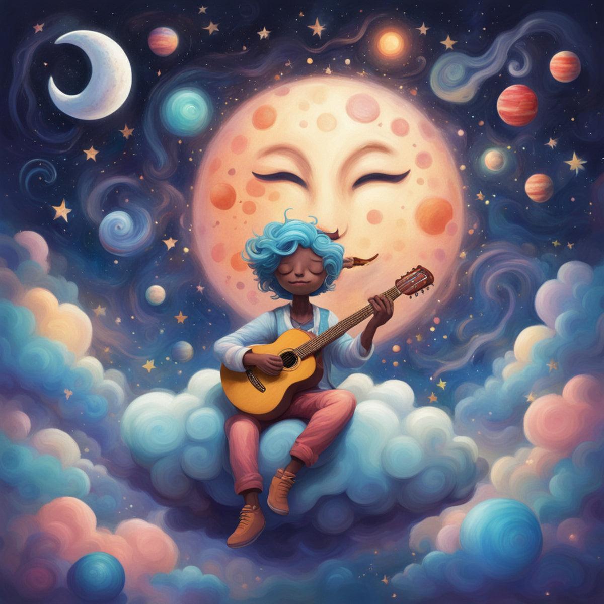 Artwork print of a child strumming guitar surrounded by clouds, stars, and moons