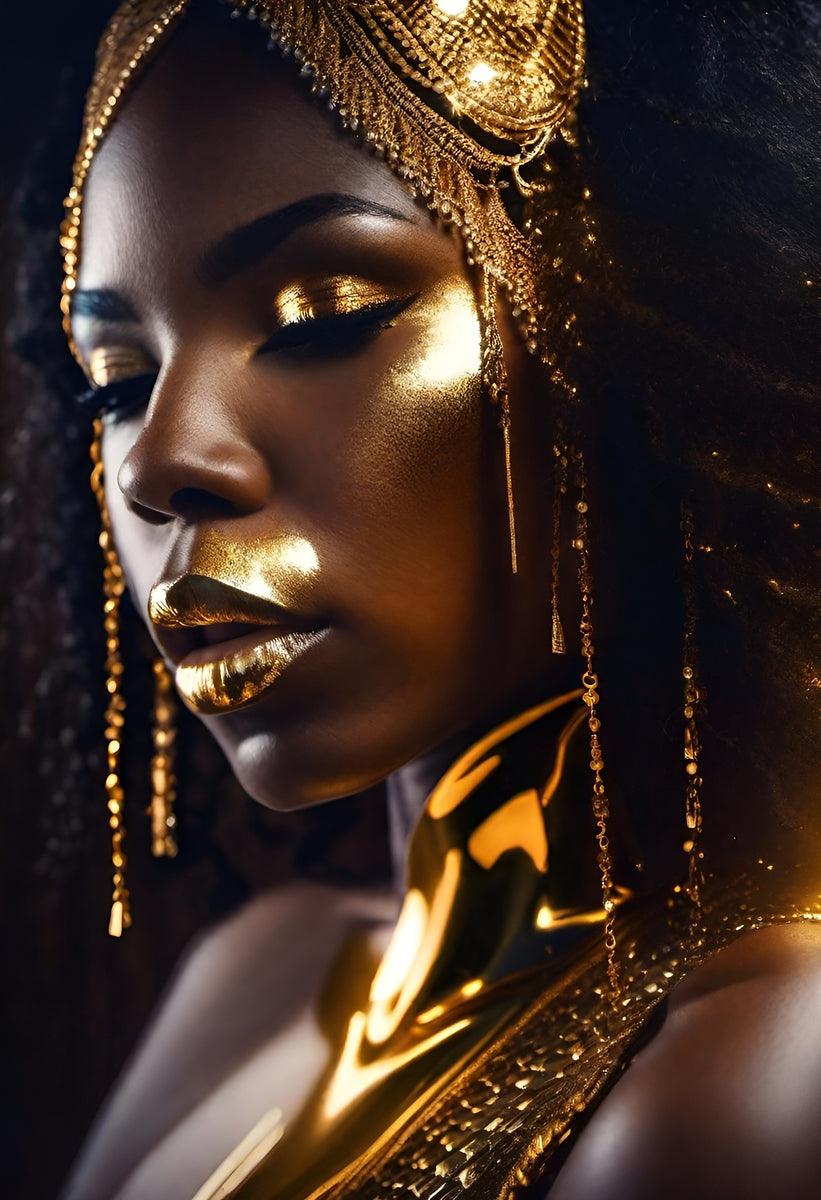 Gold and black woman portrait close-up, calm expression with gold headdress and dangling jewelry