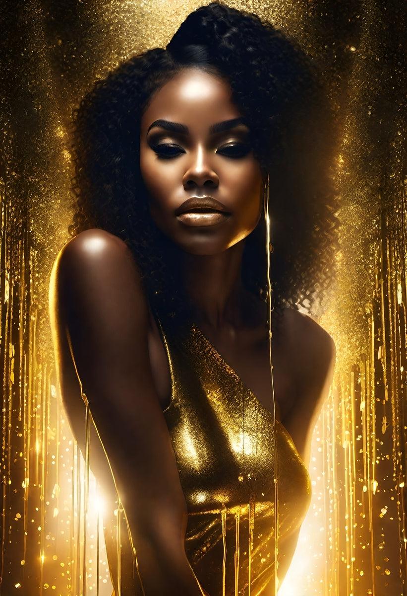 Gold and black portrait wall art of a woman with curly hair and hoop earring, gold dress