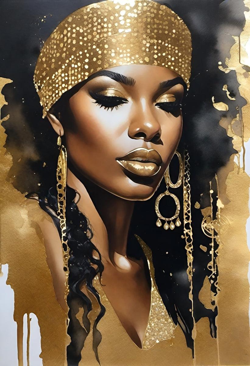 Gold and black woman portrait print, gold headwrap and statement hoop earrings