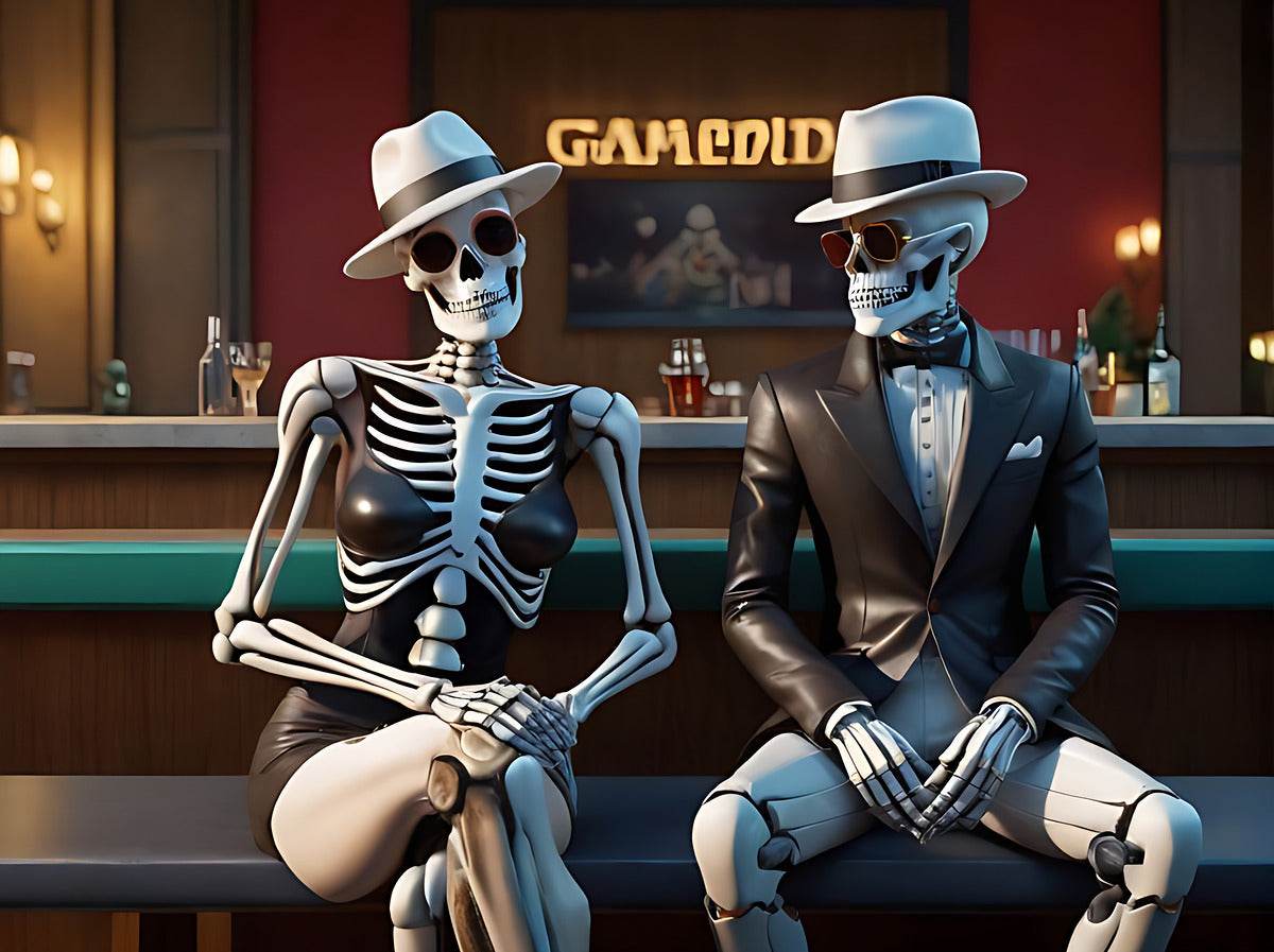 Skeleton duo wall art close-up: two seated skull figures in blue hats, dark suit and striped shirt.