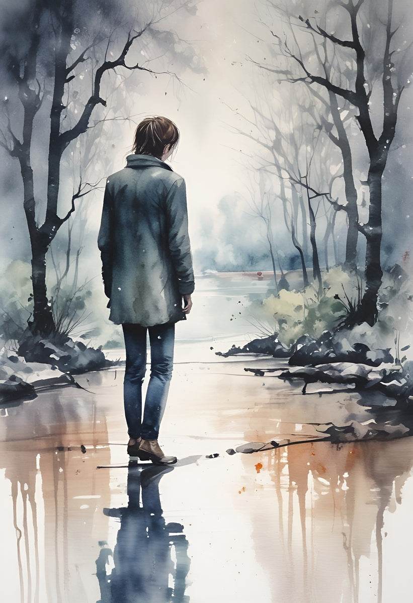 Watercolor forest wall art showing back view of person in dark coat, mirrored reflections