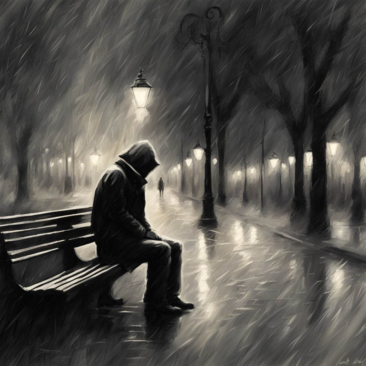 Framed print of a lamplit path in black-and-gray with a seated man on bench