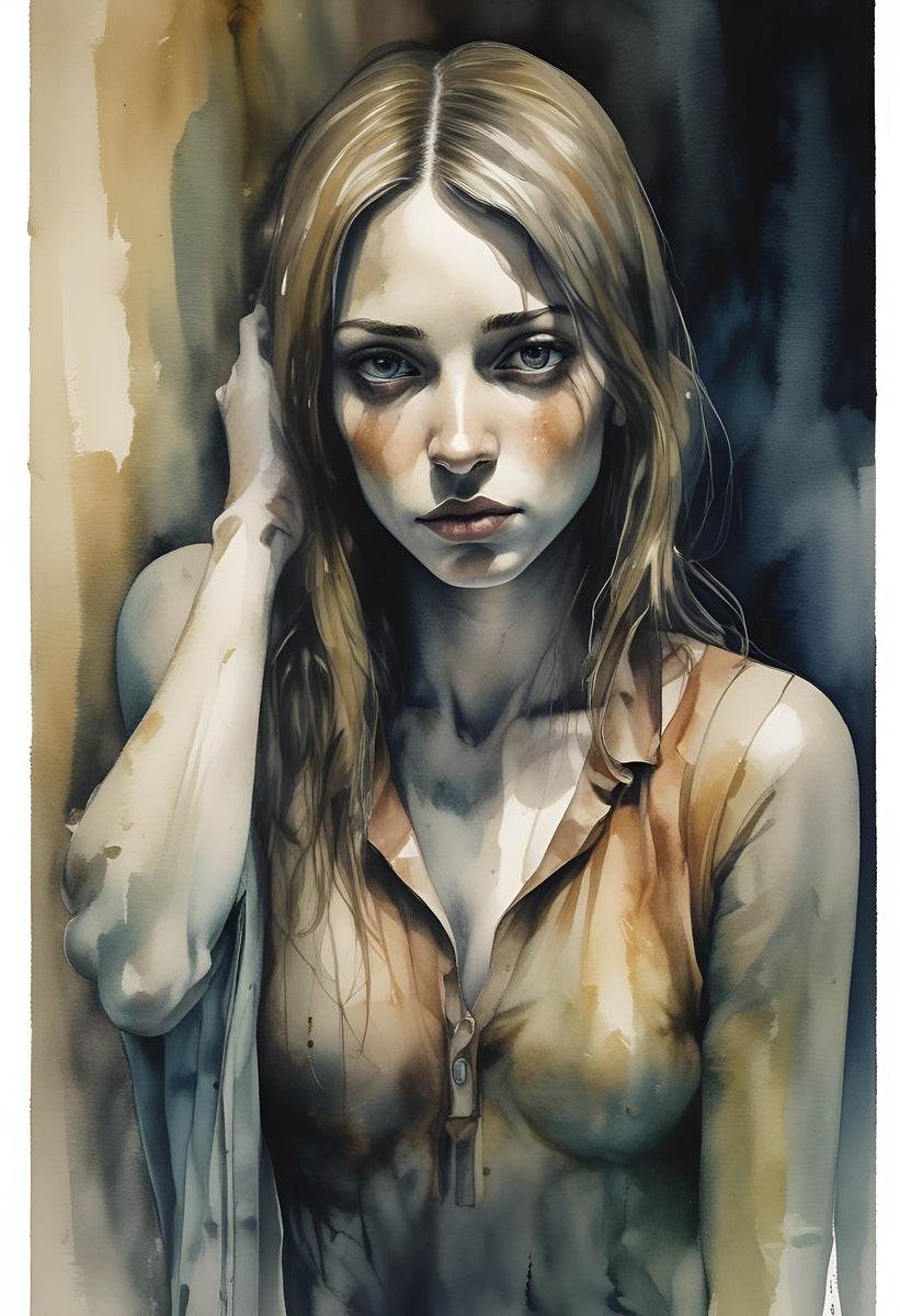 Watercolor portrait of a blonde woman, hand at head, shoulders in blue-gray and beige