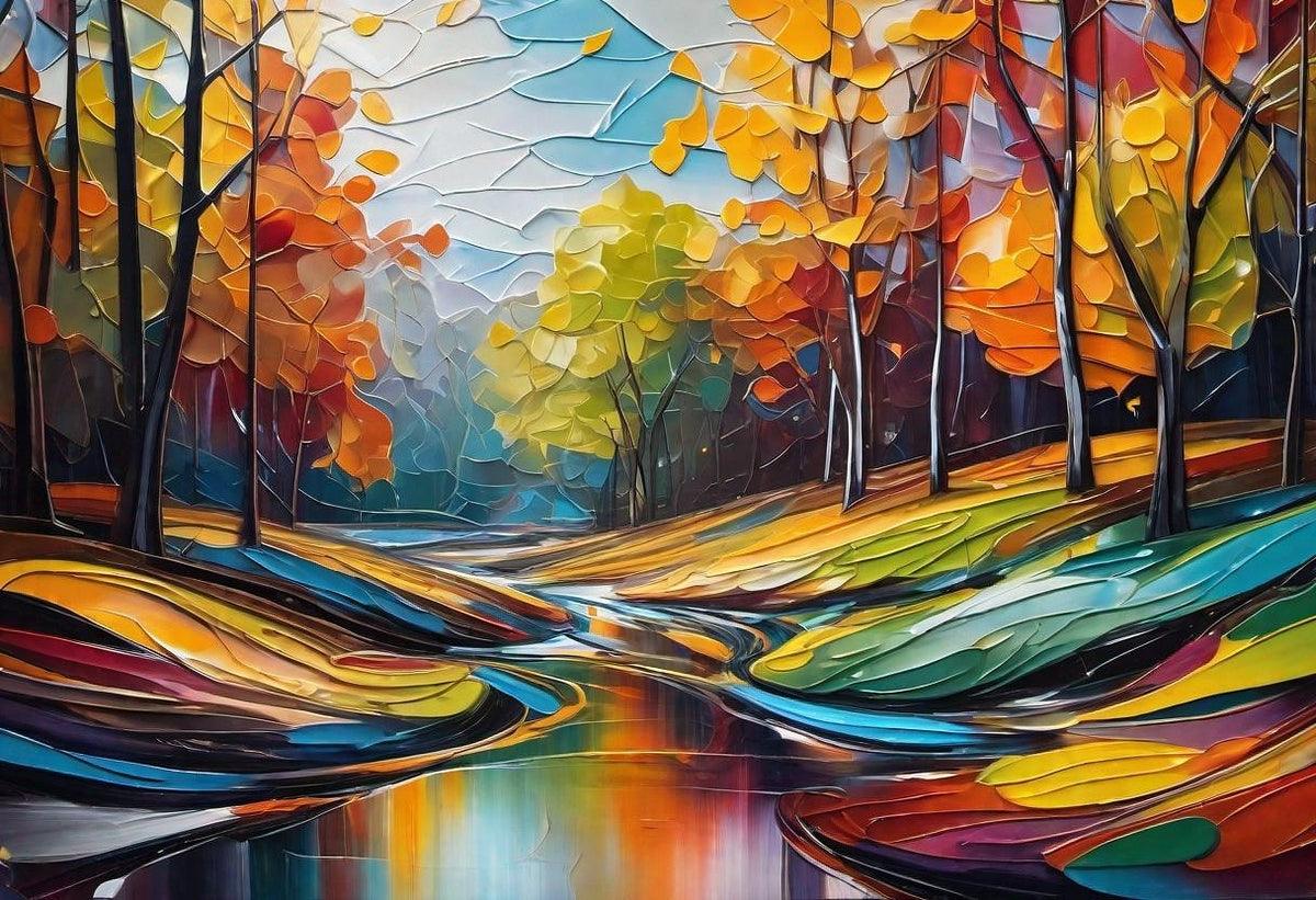 Abstract autumn landscape art with bright trees, layered brushwork road, and mirrored water