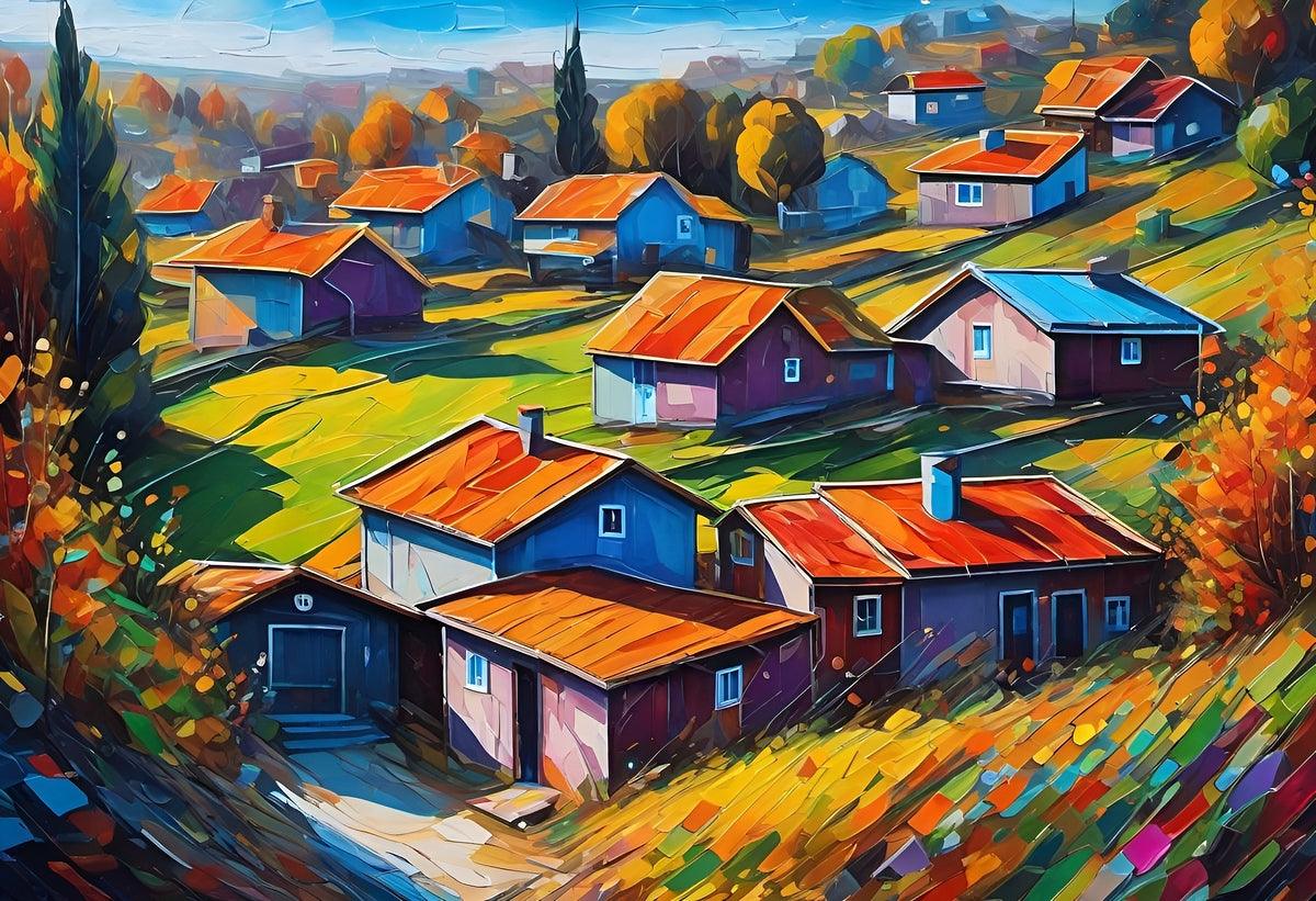 Colorful village landscape jigsaw puzzle print, cluster of houses with trees in warm tones