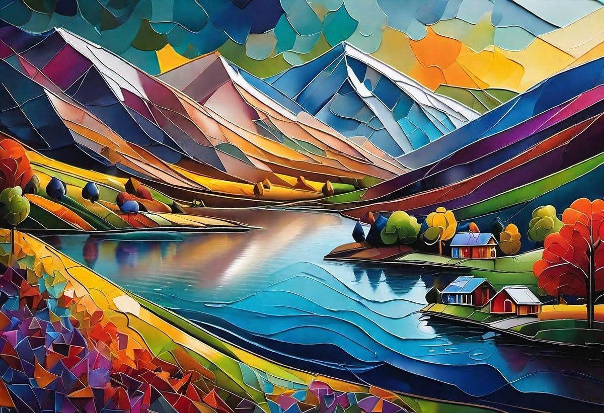Geometric abstract landscape print with colorful trees, houses by a blue lake, and hills
