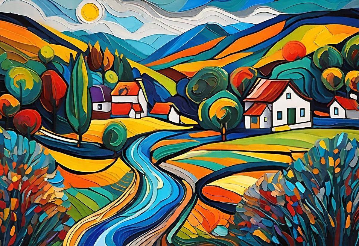 Abstract landscape print featuring curving river lines, teal mountains, and clustered houses