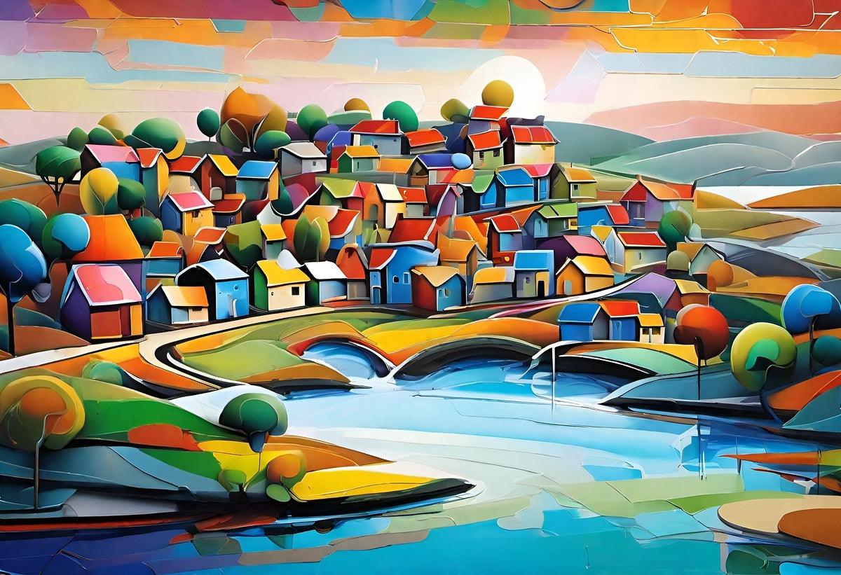 Geometric village landscape with blue water, curved bridge, and colorful buildings, close-up