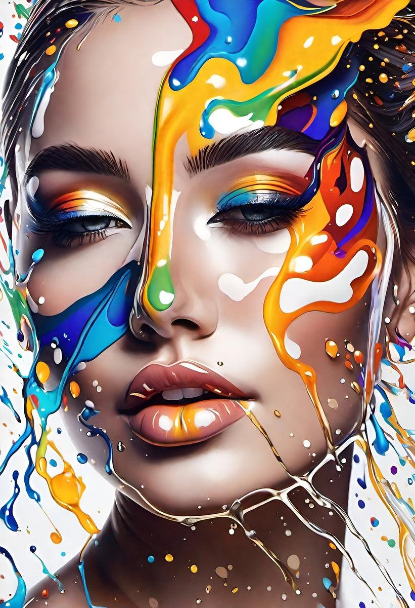 Jigsaw portrait close-up of eyes with rainbow paint accents and dark eyeliner