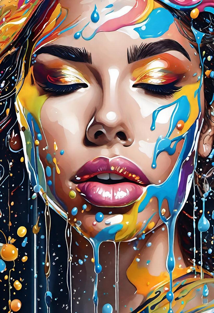 Close-up portrait artwork of a woman with yellow and blue paint drips around cheeks