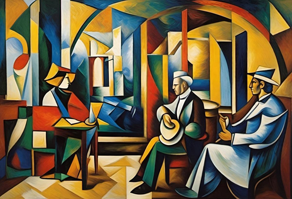 Cubist wall art with three robed musicians under a red-and-blue arch, bright geometric shapes
