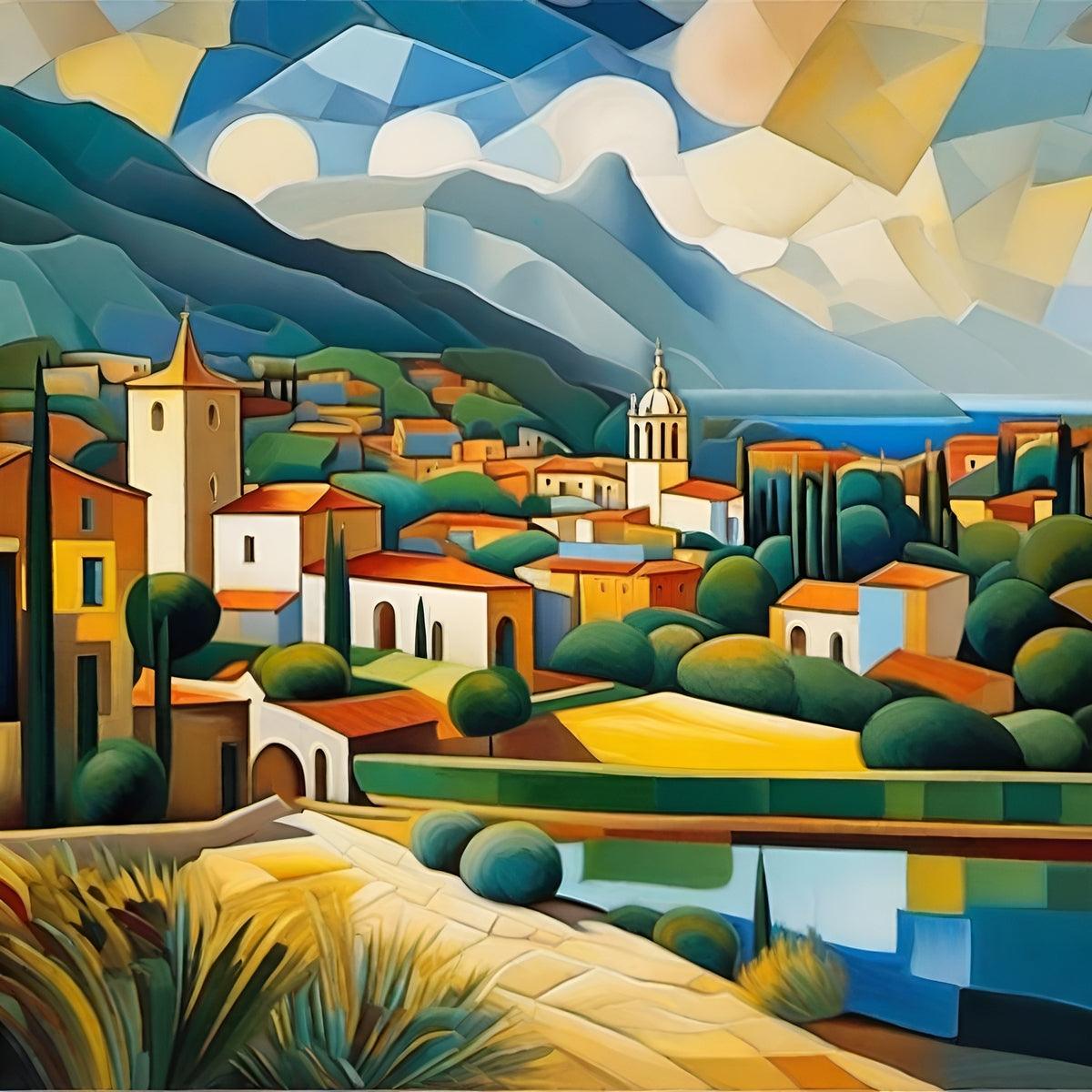Geometric Mediterranean cubist landscape print with hills, coastal town buildings, and domed tower