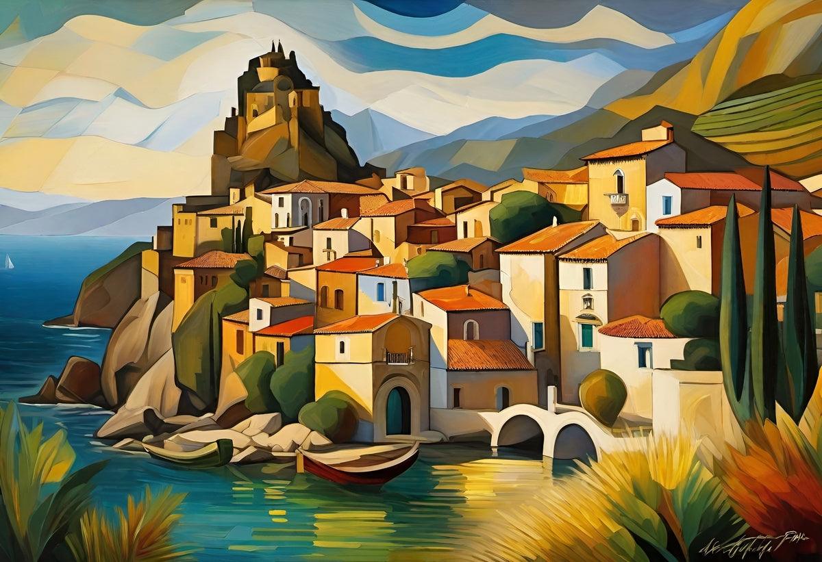 Coastal scenery artwork with sunny buildings, green hills, water reflections, and boats