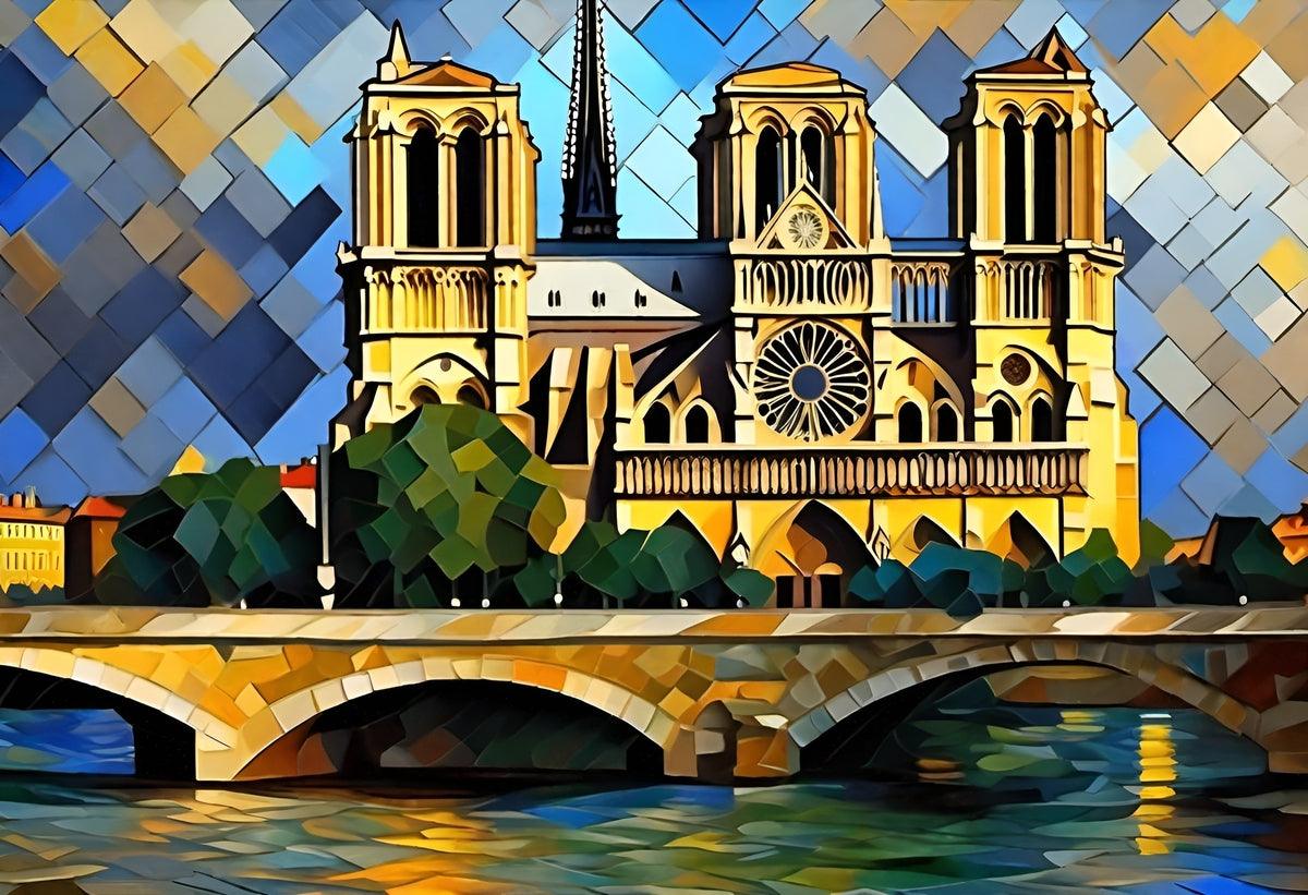 Cathedral facade print with geometric tiles, arched bridge, and mirrored river