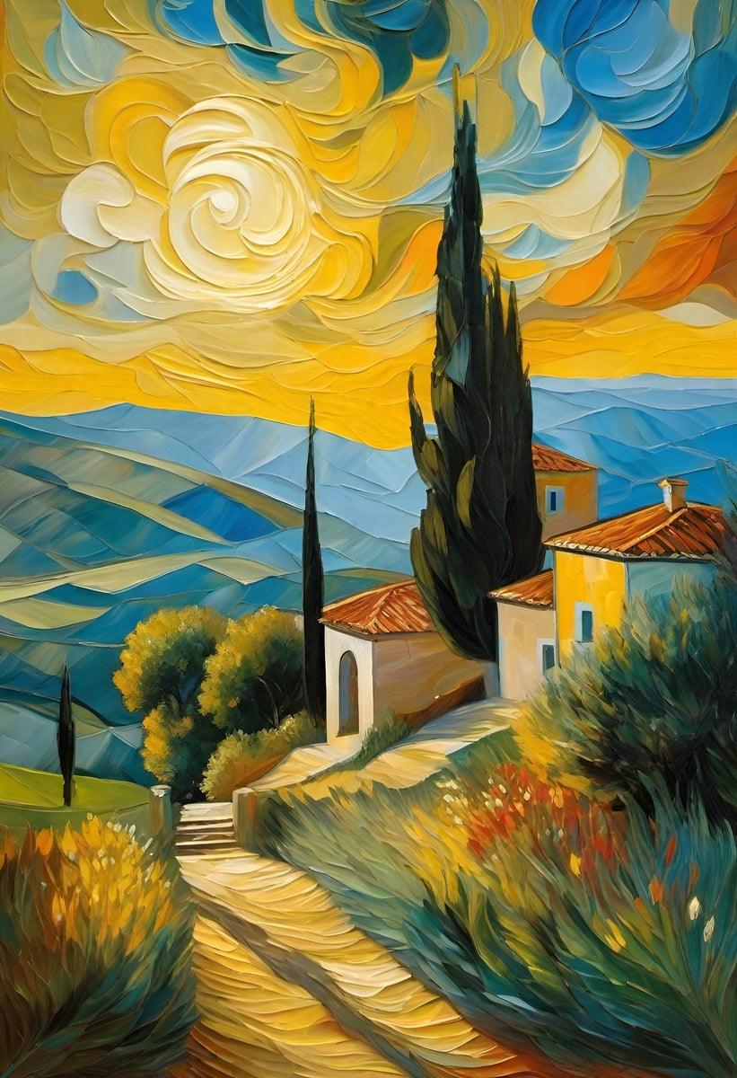 Colorful impression-style landscape wall art with winding path, cypress tree, and bright sky