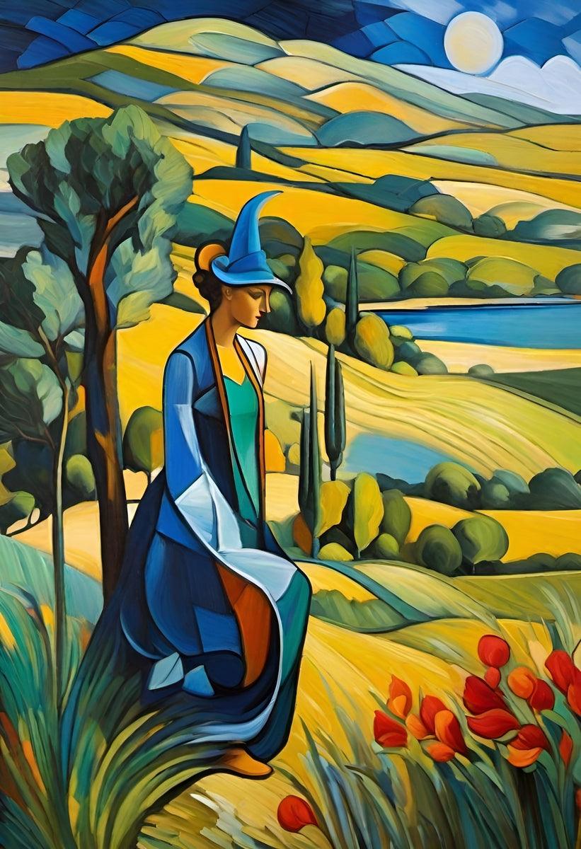 Art print featuring robed woman in blue hat holding candles, bright hills with red tulips