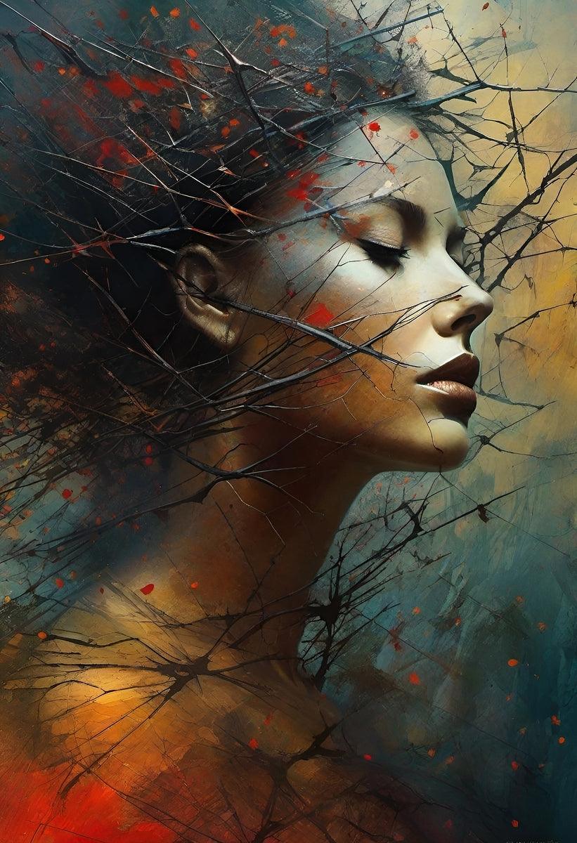 Surreal portrait wall art of a woman in profile with closed eyes, branch shadows across face