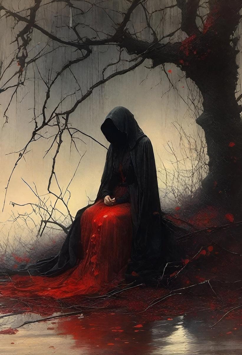 Dark gothic hooded figure before full moon with twisted branches and red spill-like accents