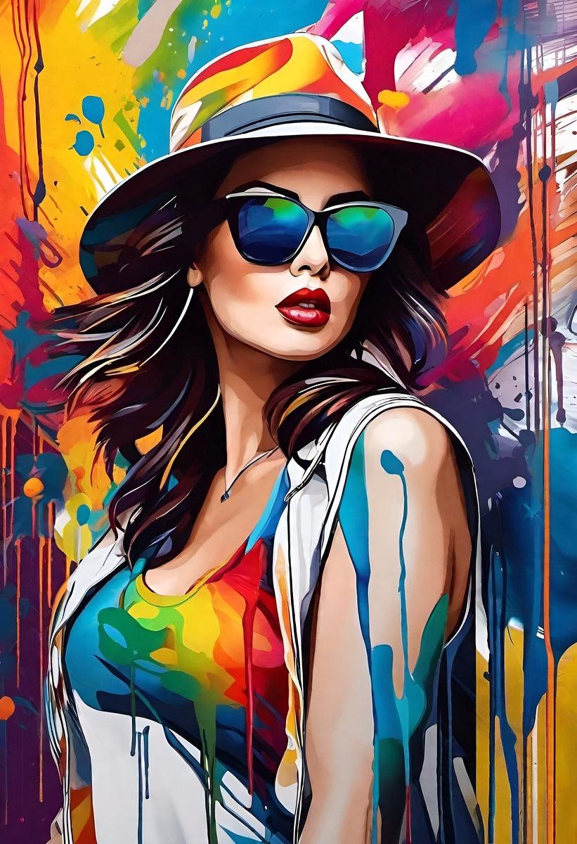 Pop-art portrait print close-up of a woman in a hat and blue-tinted sunglasses with colorful drips