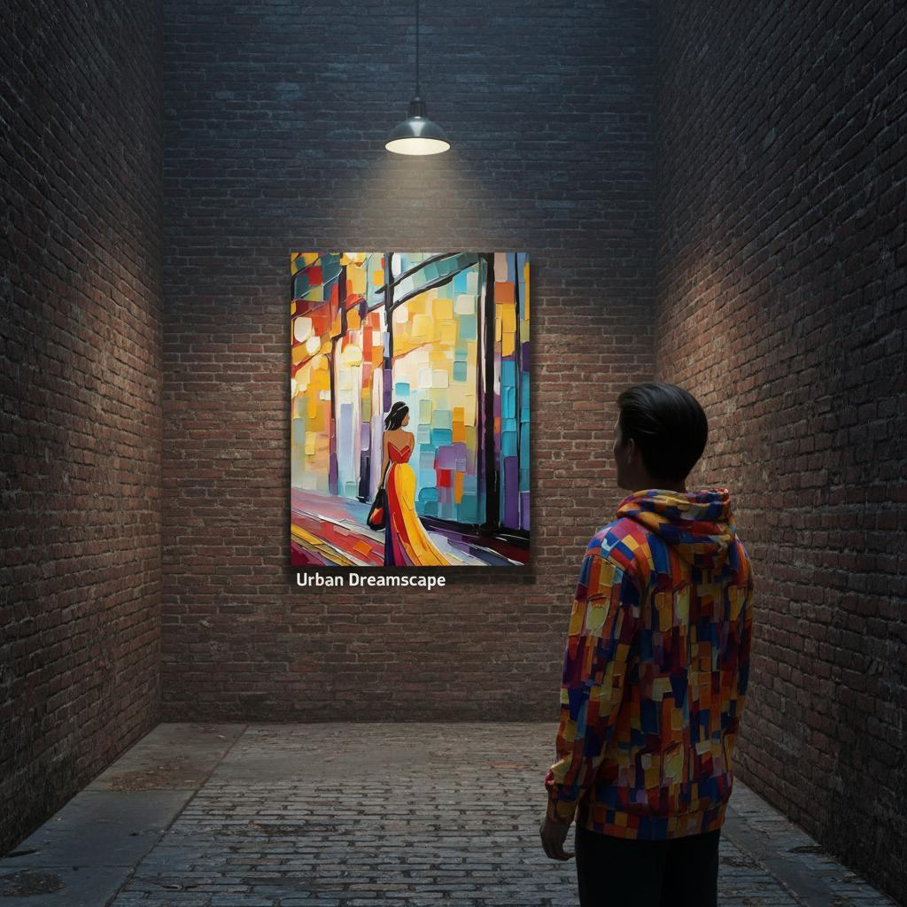 Framed abstract wall art showing woman in red-and-yellow dress within colorful urban scene