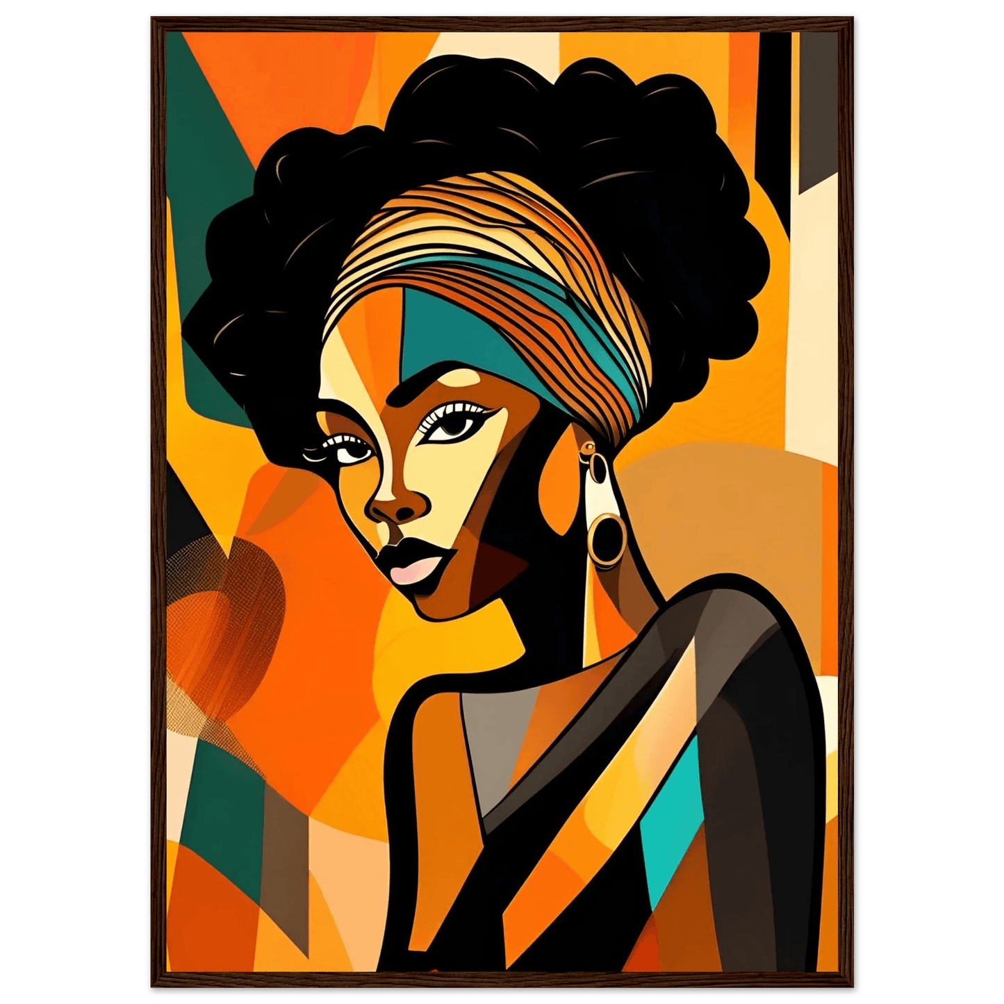 Portrait wall art print with wood frame; woman with striped headwrap and hoop earrings