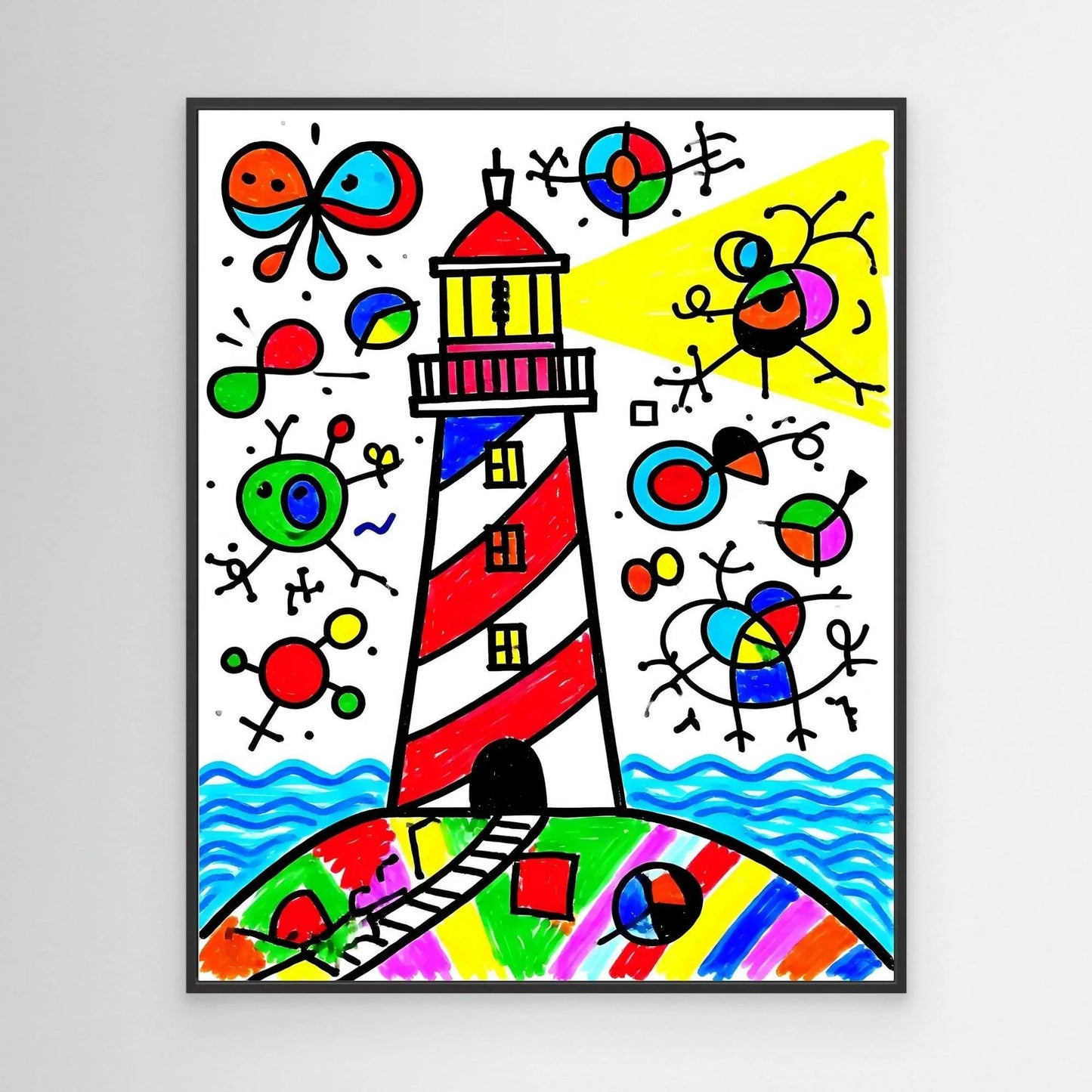 Abstract lighthouse wall art with black frame, colorful shapes, red tower and blue waves