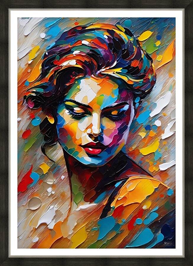 Framed abstract face portrait with multicolor paint splashes, red lips, and dark hair