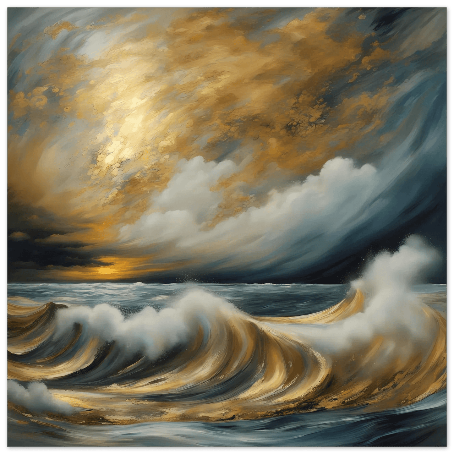Framed ocean storm wall art with rolling waves and bright golden light breaking through clouds