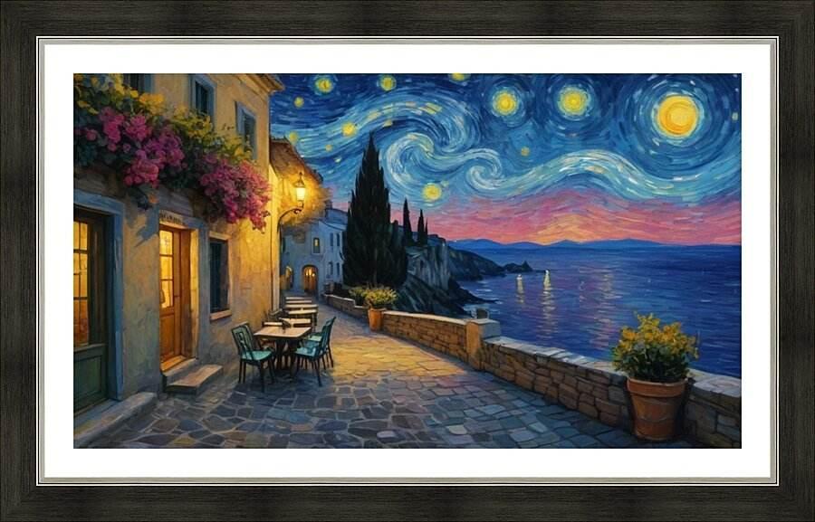 Framed coastal night sky art with starry sky, moon over pastel sea and seaside buildings