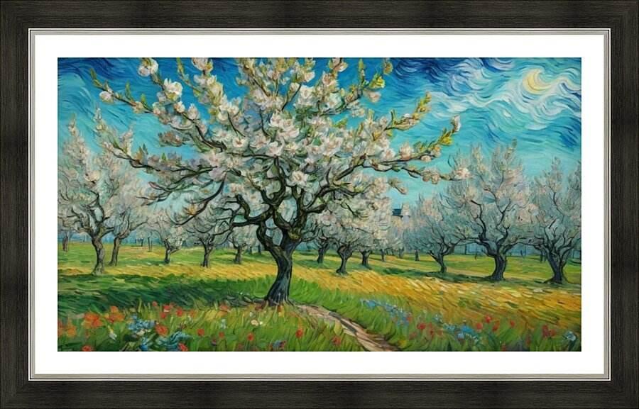 Orchard framed art print with blooming trees over a green field and blue sky
