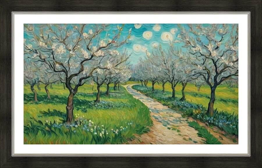 Framed spring orchard landscape print with blooming trees and a winding dirt path