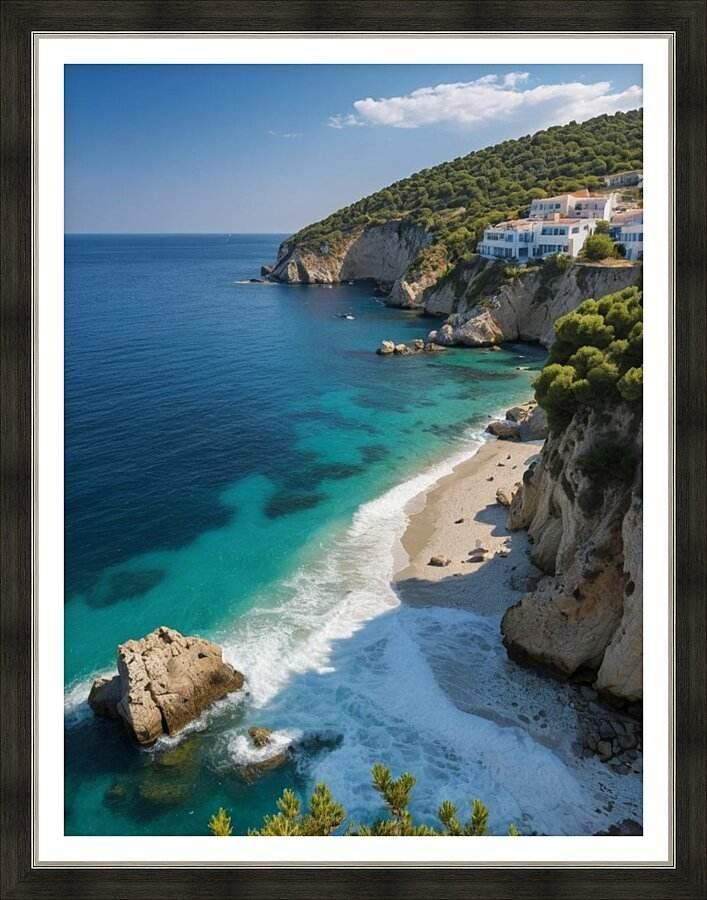 Framed coastline print with turquoise sea, sandy beach, and white cliffside buildings