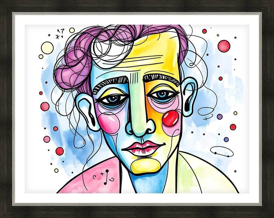 Framed abstract portrait print with colorful face, curly hair, and swirling lines