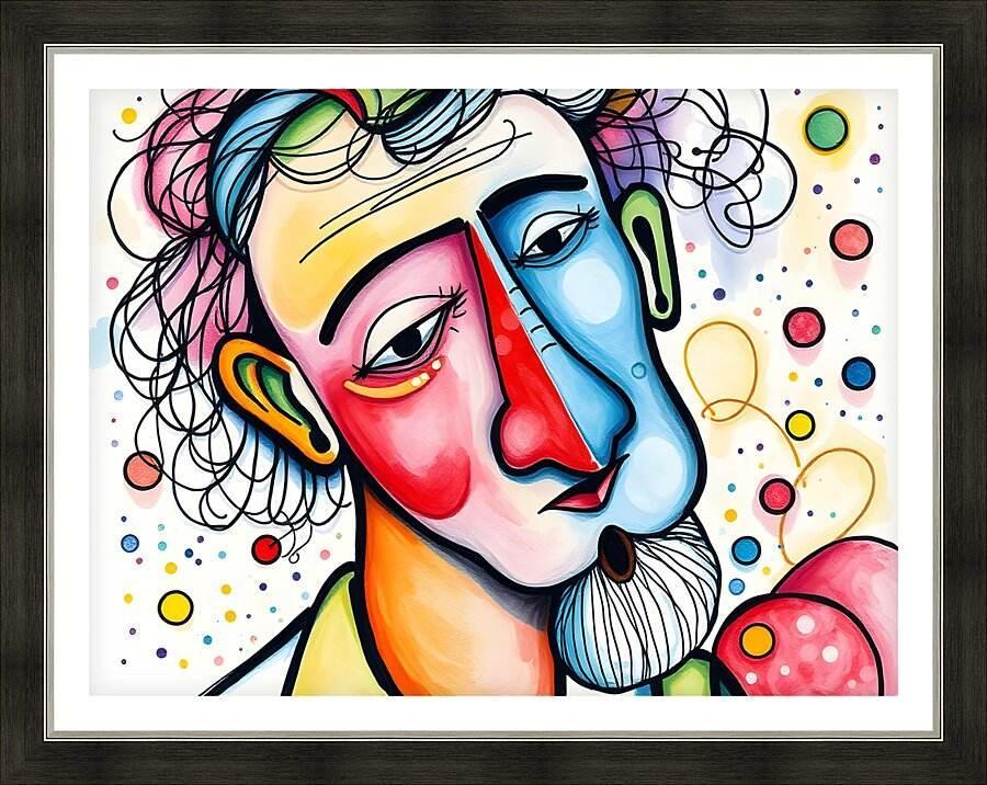 Framed abstract portrait artwork with two colorful faces, curly hair, and dot splatter