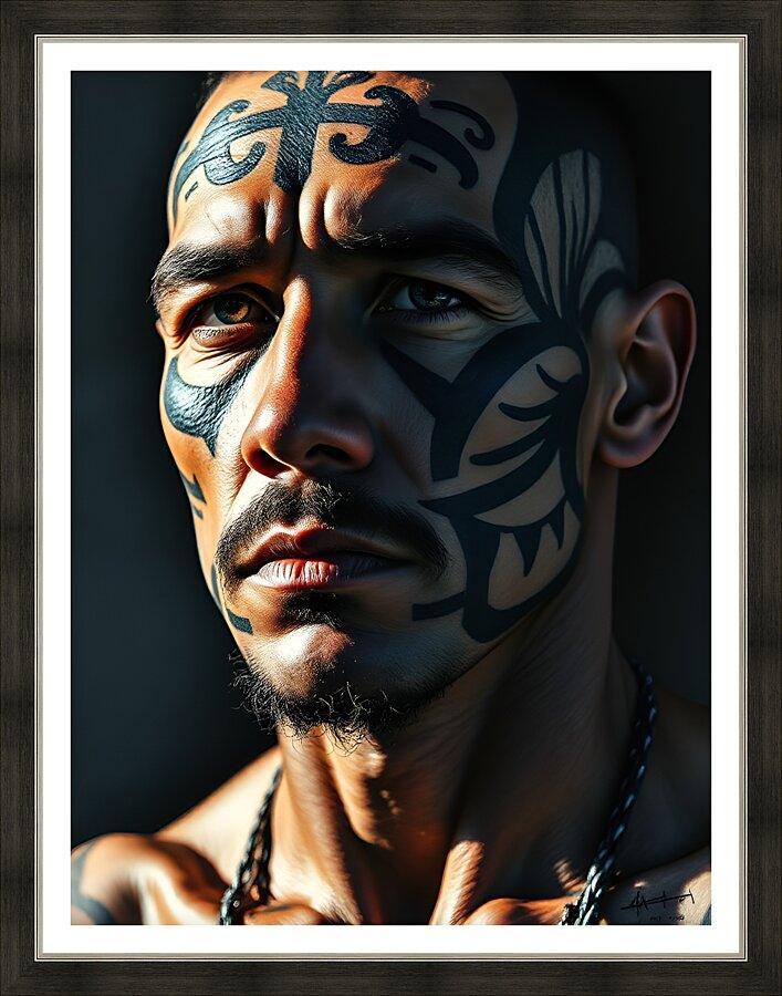 Framed tribal portrait wall art of a man's face with blue and dark body paint, close-up