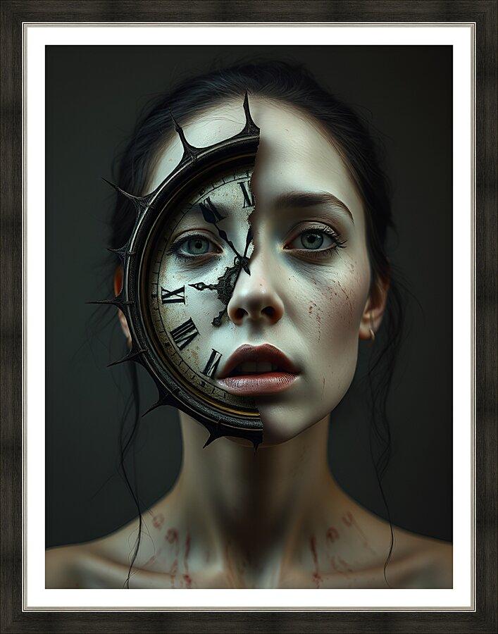 Framed gothic portrait art print of a woman with a clock halo and dark spiked rim.