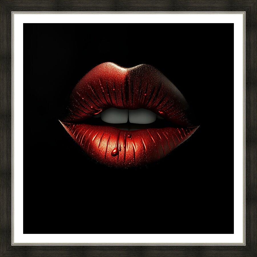 Framed ruby red metallic lips artwork with glitter shine and centered composition