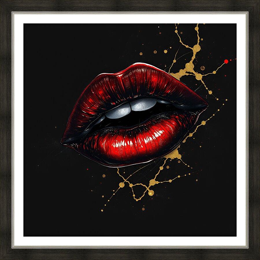 Framed red and black lips wall art with gold chain and bead details