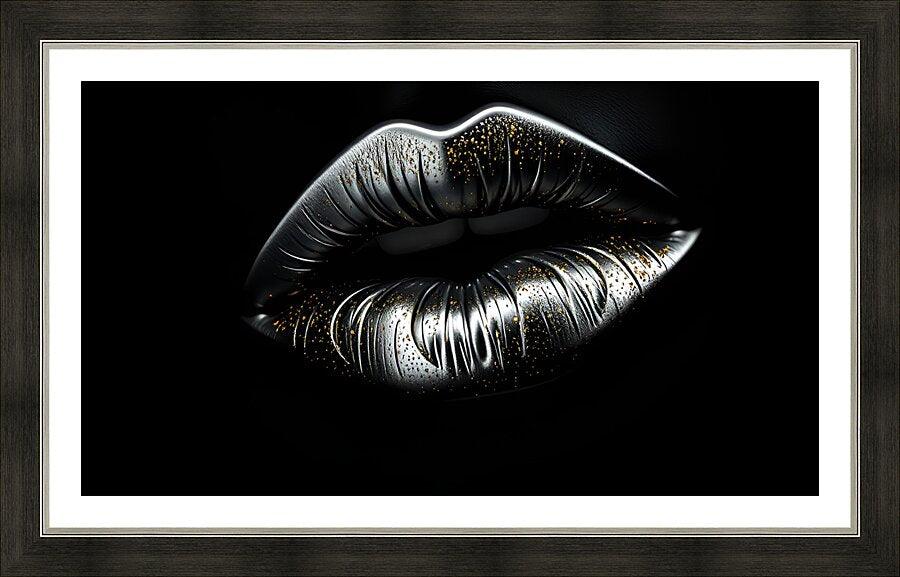 Framed lips wall art with silver and gold dust metallic look, glossy detail